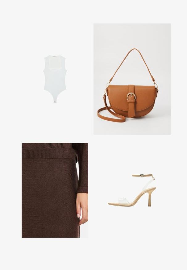 Valkoinen haalari, jossa on neliönmuotoinen pääntie, hihaton muotoilu, sileä pinta ja neppari alhaalla. Yksinkertainen ja minimalistinen tyyli.; Tummanruskea neulottu villapaita, jossa on ribbikuvioitu hihansuu ja helma, sekä hienovarainen kimalle. Materiaali vaikuttaa pehmeältä ja teksturoidulta. Yksi käsi näkyvissä.; Kirkas korkokenkä läpinäkyvällä varrella, beigellä pohjalla ja hoikalla nilkkahihnalla. Ominaisuuksiin kuuluu terävä kärki ja ohut korkea korko.; Ruskean nahkainen olkalaukku, jossa on kaareva muoto, kultaiset yksityiskohdat ja solkiyksityiskohta. Varustettu irrotettavalla olkahihnalla.