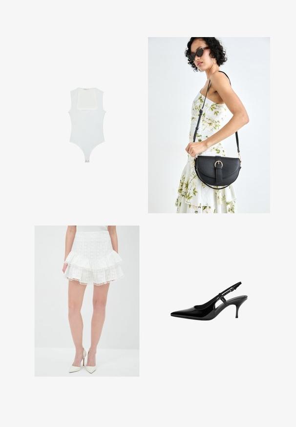 Weißer Body mit quadratischem Ausschnitt, ärmellosem Design, glatter Textur und Druckknopfverschluss am Boden. Schlichter und minimalistischer Stil.; Weißer, gestufter Rock aus strukturiertem Stoff mit Spitzenbesatz. Besitzt drei Rüschenschichten und einen taillierten Bund. Kombiniert mit weißen High Heels.; Schwarze Lackleder-Slingback-Pumpe mit spitzem Zehenbereich, offenen seitlichen Ausschnitten, schlanker Absatz und verstellbarem Knöchelriemen.; Schwarze Lederhandtasche mit geschwungener Form, abnehmbarem Tragegurt und goldenen Beschlägen. Die Tasche verfügt über einen Deckel mit einer Schnallen-Details.