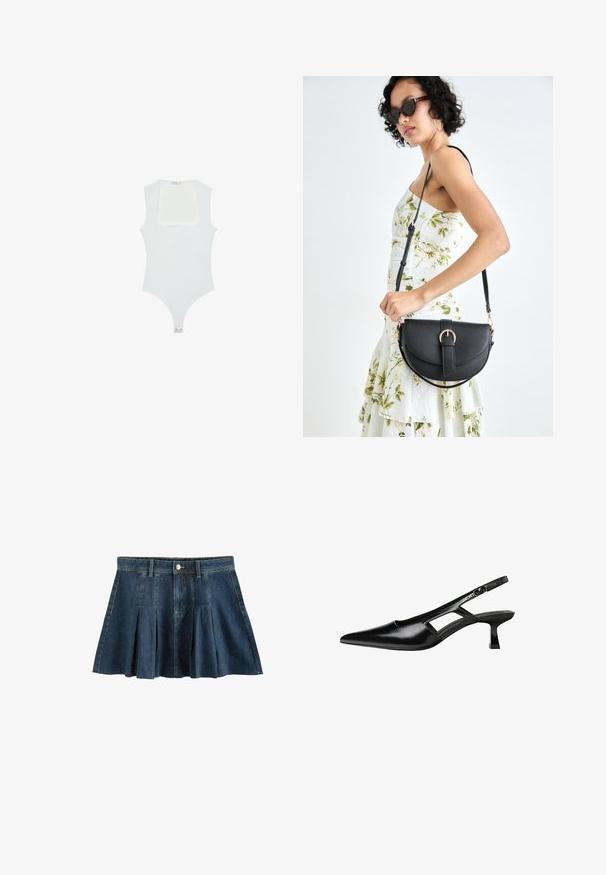 Biely body s hranatým výstrihom, bez rukávov, hladkou textúrou a patentom na dne. Jednoduchý a minimalistický štýl.; Next REGULAR FIT - Minisukňa - dark blue; Čierne lakované kožené lodičky na podpätku s špicatou špičkou, výrezovým dizajnom na boku a malým štvorcovým podpätkom. Hladký povrch s minimálnymi akcentmi.; Čierna kožená kabelka s zaobleným tvarom, odnímateľným popruhom a zlatými doplnkami. Kabelka má klopu s detailom s prackou.