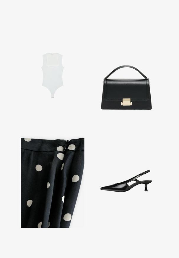 Witte bodysuit met een vierkante halslijn, mouwloos ontwerp, gladde textuur en drukknoopsluiting aan de onderkant. Eenvoudige en minimalistische stijl.; Zwarte stof met grote crèmekleurige stippen; gladde textuur, gedrapeerd ontwerp en ritsluiting aan de bovenkant.; Zwarte gepatineerde leren slingback hakken met een puntige neus, uitsparing aan de zijkant en een kleine vierkante hak. Gladde textuur met minimale accenten.; Zwarte lederen handtas met een gestructureerd ontwerp, bovenhandgreep en een gouden metalen sluitingdetails aan de voorkant. Gladde textuur, minimale stiksels.