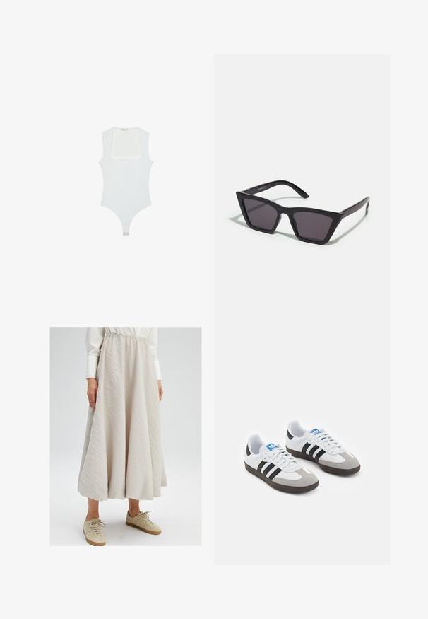 Bijela bodi s kvadratnim izrezom, bez rukava, glatke teksture i kopčanjem na dnu. Jednostavan i minimalistički stil.; Svijetlo bež suknja do koljena izrađena od teksturiranog materijala, s elastičnom pasicom, u kombinaciji s smeškim tenisicama za ležeran izgled.; Sportske cipele s gornjištem od bijele kože, sivi suedinasti nos i tri crne pruge. Imaju plavi logo na jeziku i teksturiranu gumenu podlogu.; Crne, uglaste sunčane naočale sa sivoj lećama; izrađene od plastike, imaju debele nogice s glatkom površinom i bez vidljivih metalnih dijelova.