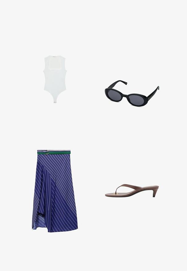Un body blanc avec un encolure carrée, sans manches, texture lisse et fermeture à pression au bas. Style simple et minimaliste.; Jupe bleue avec des rayures blanches diagonales et une ceinture rayée verte et blanche avec une boucle en argent. Tissu léger et fluide avec une fente.; Sandale à talons brune avec une fine lanière et un entre-doigts arrondi, arborant un petit accent doré sur le semelage.; Lunettes de soleil ovales noires avec des verres sombres, monture en plastique épais, design légèrement incurvé et détail du logo doré sur la branche.; Sac à main en cuir noir avec une texture lisse, forme arrondie, accents en métal doré et doubles poignées. Présente une serrure décorative sur le côté.