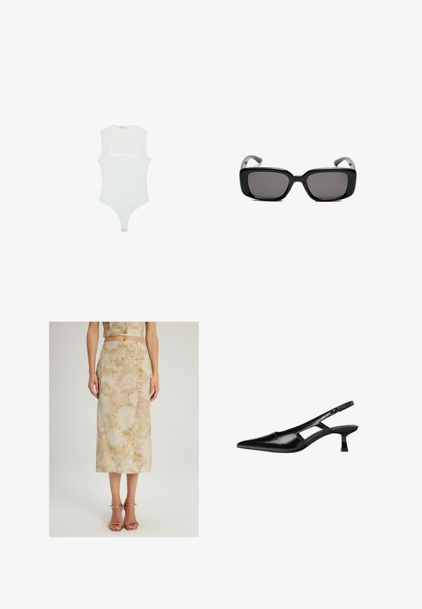Body bianco con scollatura quadrata, design senza maniche, texture liscia e chiusura a pressione sul fondo. Stile semplice e minimalista.; Gonna floreale beige con dettagli bianchi e dorati; lunghezza al ginocchio, taglio dritto, con bottoni e spacco laterale, realizzata in tessuto leggero.; Tacchi slingback in pelle verniciata nera con punta affusolata, design con tagli laterali e tacco quadrato piccolo. Texture liscia con dettagli minimi.; Occhiali da sole neri rettangolari con lenti scure, montatura in plastica liscia e tempie curve. Il design è voluminoso con un'estetica minimalista.