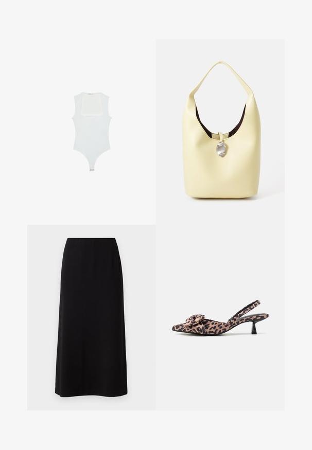 Un body blanc avec un encolure carrée, sans manches, texture lisse et fermeture à pression au bas. Style simple et minimaliste.; Jupe maxi noire avec une texture lisse et douce et une taille élastique. Coupe simple et droite sans motifs ni embellissements visibles.; Talons slingback à bout pointu en tissu imprimé léopard avec un accent nœud, dotés d'un petit talon noir et d'une texture lisse.; Sac hobo en cuir jaune doux avec une forme arrondie. Doté d'une finition lisse, d'une doublure intérieure sombre et d'un accent argenté au niveau de la fermeture.