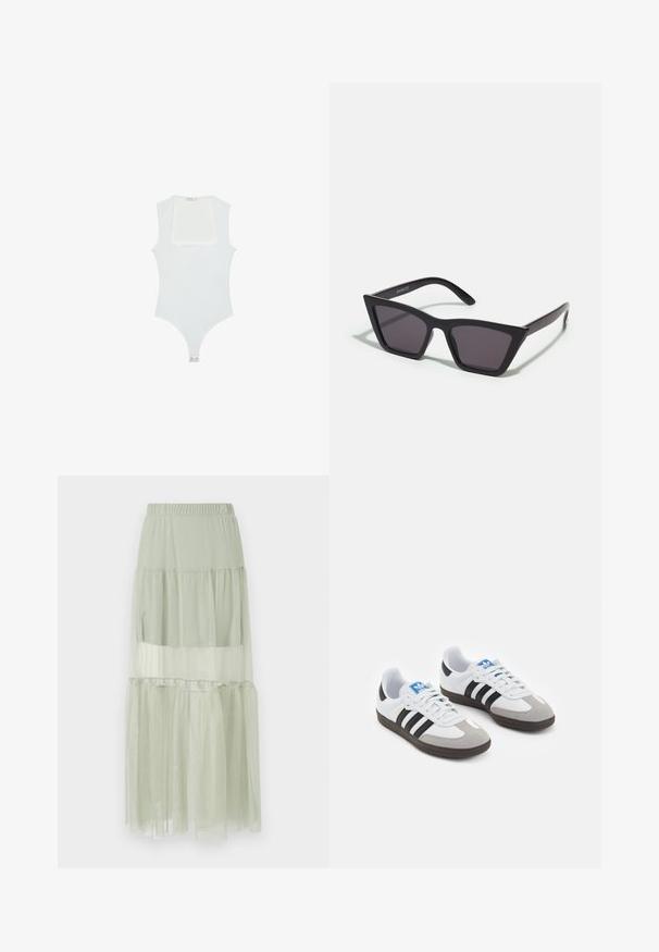 Body bianco con scollatura quadrata, design senza maniche, texture liscia e chiusura a pressione sul fondo. Stile semplice e minimalista.; Gonna a strati verde chiaro realizzata in tessuto trasparente, con una cintura elastica e un design fluttuante a più livelli caratterizzato da una consistenza morbida.; Scarpe sportive con tomaia in pelle bianca, punta in suede grigia e tre strisce nere. Presentano un logo blu sulla linguetta e una suola in gomma testurizzata.; Occhiali da sole neri e angolari con lenti grigie; realizzati in plastica, con aste spesse dalla superficie liscia e senza hardware visibile.