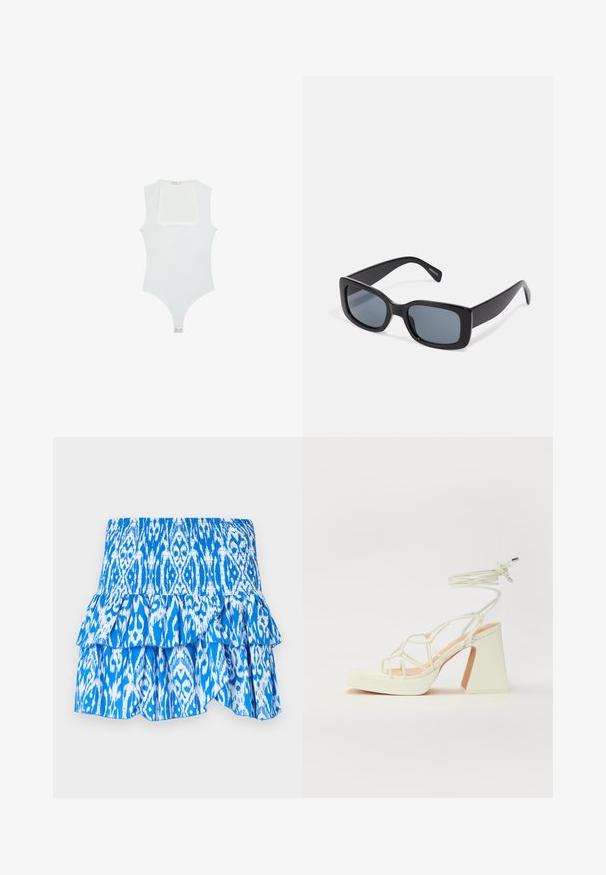 Weißer Body mit quadratischem Ausschnitt, ärmellosem Design, glatter Textur und Druckknopfverschluss am Boden. Schlichter und minimalistischer Stil.; Blau-weiß gemusterter Rock mit einem gerafften Bund, schichtiger Rüsche am Saum und leichtem Stoff. Verfügt über ein Ikat-Design.; Weiße High-Heel-Sandale mit einem klobigen Absatz, die über ein Riemchendesign und ein Knöchelband verfügt. Glatte Textur mit einer Plattform vorne für zusätzliche Höhe.; Schwarze rechteckige Sonnenbrille mit dunkel getönten Gläsern, dickem Kunstrahmen und breiten Bügeln. Glatte Oberfläche und kantiges Design.