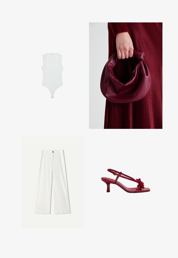 White bodysuit with a square neckline, sleeveless design, smooth texture, and snap closure at the bottom. Simple and minimalist style.; White wide-leg trousers made of smooth fabric, featuring a front button closure and pleated details. Flat front design, no pockets visible.; Red leather slingback heels with a square toe, thin straps, and a textured floral accent on the front. Stiletto heel is approximately 2.5 inches.; Burgundy leather handbag with a soft, gathered design and a rounded shape. The handle is secured, showcasing a smooth texture.