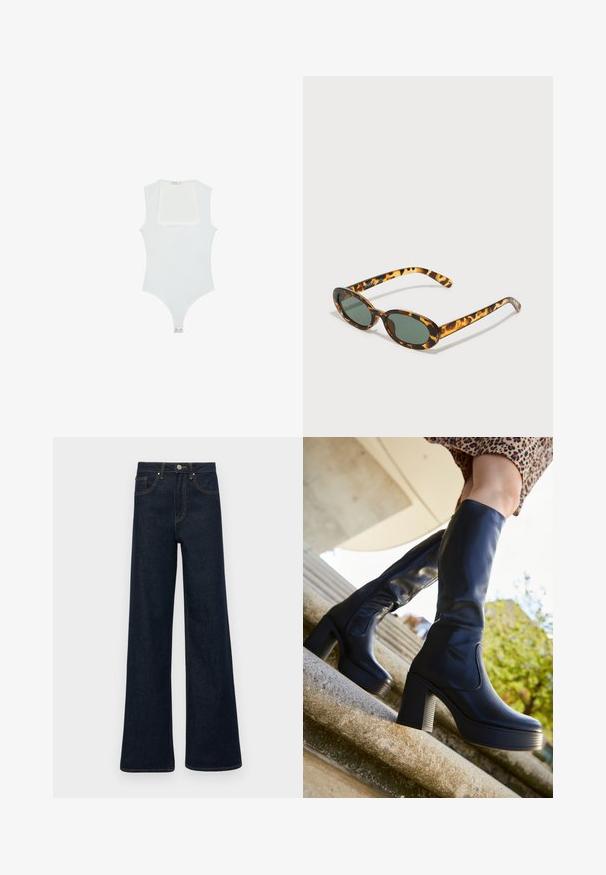 Valkoinen haalari, jossa on neliönmuotoinen pääntie, hihaton muotoilu, sileä pinta ja neppari alhaalla. Yksinkertainen ja minimalistinen tyyli.; Tummansiniset leveälahkeiset farkut, joissa on etutaskut, vyölenkit ja nappikiinnitys.; mtng NEW - Platform-saappaat - black; Kuvio-oranssi aurinkolasit, joissa on soikeat kehykset, tummanvihreät linssit ja hoikat varret. Varressa on hienovarainen logo.; Musta kangaskassi, jossa on yksi leveä olkahihna. Pehmeä, puolirakenteellinen muoto ja sileä pinta; minimalistinen muotoilu ilman näkyviä metalliosia.