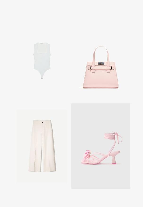 Body bianco con scollatura quadrata, design senza maniche, texture liscia e chiusura a pressione sul fondo. Stile semplice e minimalista.; Pantaloni larghi color crema con design sartoriale, dotati di due tasche frontali e una chiusura con bottone anteriore, realizzati in tessuto liscio.; Sandali con tacco rosa, dotati di sottile cinturino e un accento floreale sulla punta. Il tacco ha un design chunky con una punta rosa a contrasto. Texture liscia.; Borsa a mano strutturata di colore rosa, realizzata in pelle testurizzata, con due manici superiori, chiusura a scatto e dettagli metallici a contrasto.