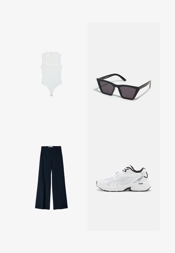 Un body blanc avec un encolure carrée, sans manches, texture lisse et fermeture à pression au bas. Style simple et minimaliste.; Pantalons larges navy en tissu lisse, dotés de deux plis avant et d'une fermeture à un bouton à la taille.; Baskets de sport blanches avec une tige en mesh, des accents noirs, un revêtement texturé et une semelle rembourrée pour plus de confort et de soutien.; Lunettes noires angulaires avec des verres gris ; fabriquées en plastique, avec des branches épaisses à la surface lisse et sans matériel visible.