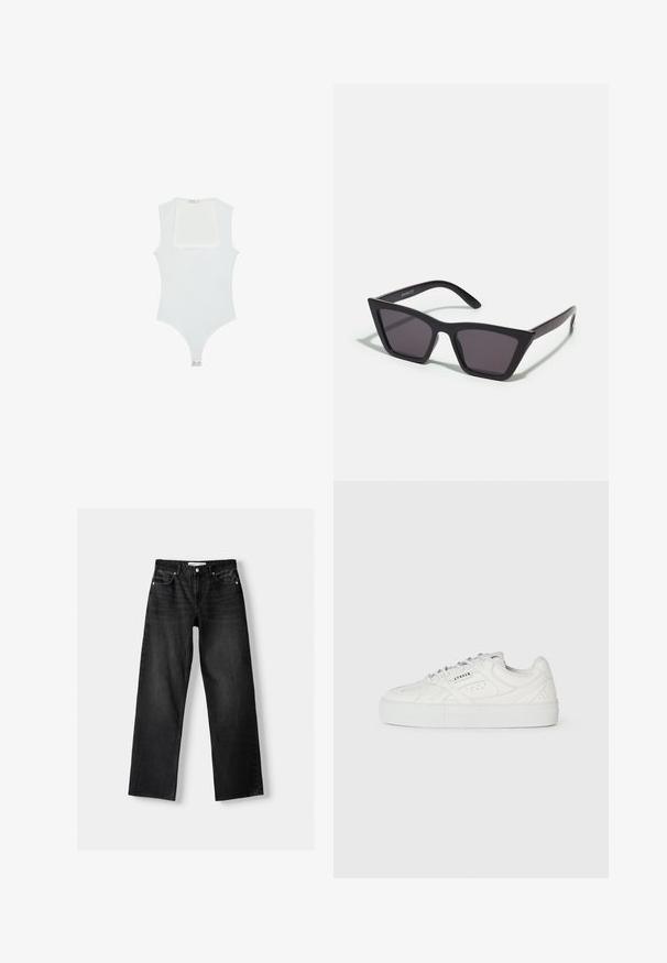 Bílý body s čtvercovým výstřihem, bez rukávů, hladkým povrchem a patentkami na dně. Jednoduchý a minimalistický styl.; Bershka Džíny Straight Fit - mottled dark grey; Bílé nízké tenisky s šněrováním, perforovanými detaily a nápisem "CPNHGN" vytištěným na boku, na jednoduchém bílém pozadí.; Černé, ostré sluneční brýle s šedými skly; vyrobené z plastu, s mohutnými rameny a hladkým povrchem bez viditelného hardwaru.; Zlatá metalická kabelka typu clutch s hladkým povrchem, s trojúhelníkovým zavíráním. Ruka, která ji drží, má pečlivě upravené nehty.