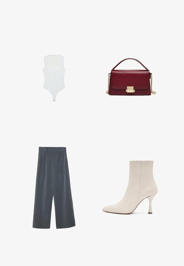 Biały body z kwadratowym dekoltem, bez rękawów, gładką fakturą i zapięciem na napy na dole. Prosty i minimalistyczny styl.; Szerokie nogawki w ciemnoszarym kolorze, z fakturowanej tkaniny, z plisowanym przodem oraz wysokim stanem z gładkim pasem.; Derimod - Botki; Bordowa skórzana torebka o wyważonym designie, z zapięciem w kolorze złotym i odpinanym łańcuszkiem. Gładka tekstura i prostokątny kształt.