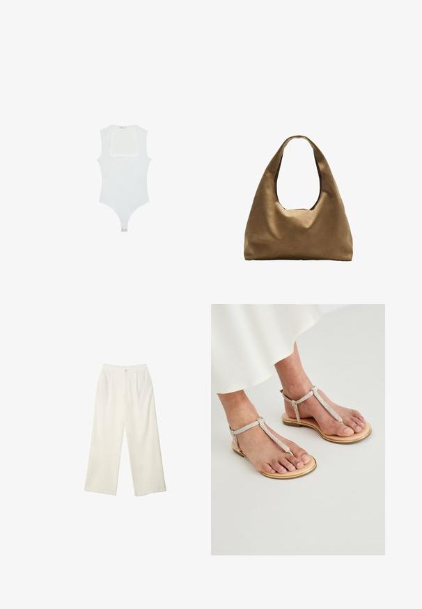 Hvid bodysuit med firkantet udskæring, uden ærmer, glat tekstur og trykknaplukning forneden. Enkel og minimalistisk stil.; Bredde bukser i cremefarvet stof med en glat tekstur, der har en enkelt knap foran, diskrete folder og design med høj talje.; Flade sandaler har en lys tan lædersål med en gylden kant. Remmene er sølvfarvede med en struktureret finish, der sikrer om anklen.; Brun stof skuldertaske med en bred, rundet krop og et stort udsnit håndtag. Blød tekstur, minimalistisk design og ingen synlig hardware.