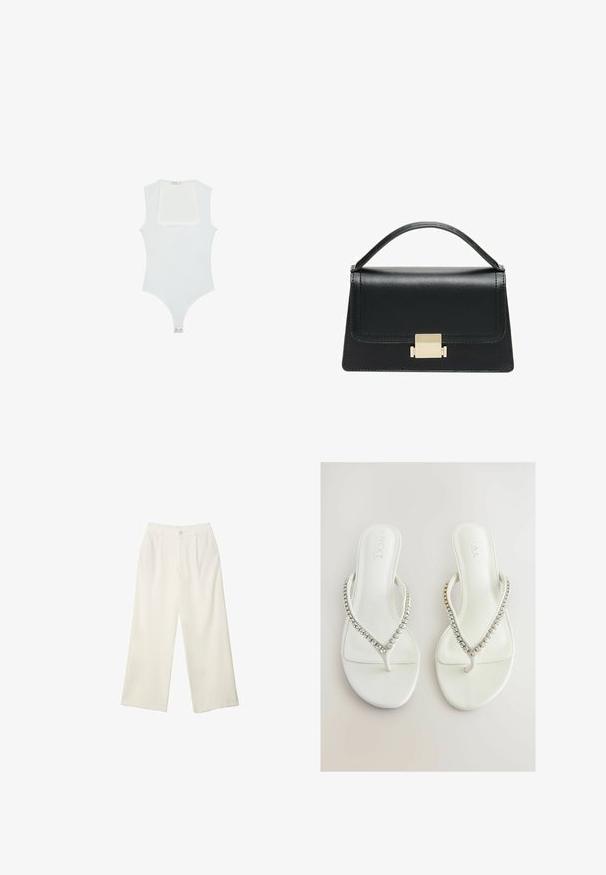 Body bianco con scollatura quadrata, design senza maniche, texture liscia e chiusura a pressione sul fondo. Stile semplice e minimalista.; Pantaloni a gamba larga in tessuto crema con una texture liscia, caratterizzati da un singolo bottone frontale, pieghe sottili e un design a vita alta.; Infradito bianchi con una superficie liscia, caratterizzati da una cinghia a forma di V decorata con strass trasparenti e luccicanti. Design semplice e raffinato.; Borsa a tracolla in pelle nera con design strutturato, manico superiore e dettaglio in metallo dorato sulla parte frontale. Texture liscia, cuciture minime.