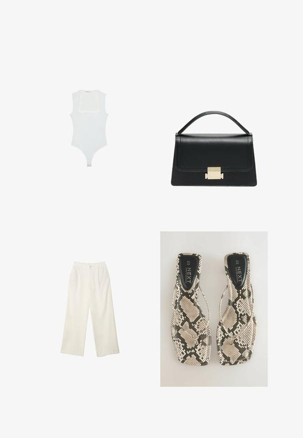 Vitt bodysuit med fyrkantig halsringning, ärmlös design, slät textur och tryckknappsstängning i botten. Enkel och minimalistisk stil.; Breda byxor i krämfärgad tyg med en mjuk yta, med en enda knapp fram, subtila veck och en hög midja design.; Platta sandaler med ett mönster av ormskinn i nyanser av beige och grått, med en toe-post design och en slät svart innersula märkt "NEXT."; Svart läderhandväska med en strukturerad design, handtag upptill och en detalj i guldmetalllås på framsidan. Slät yta, minimal sömnad.
