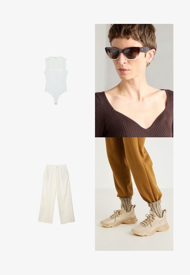 Hvid bodysuit med firkantet udskæring, uden ærmer, glat tekstur og trykknaplukning forneden. Enkel og minimalistisk stil.; Bredde bukser i cremefarvet stof med en glat tekstur, der har en enkelt knap foran, diskrete folder og design med høj talje.; Beige atletiske sko med mesh-overdel, dekorative glimmer og tyk gummisål. Parret med stribede beige sokker og brune joggingbukser.; Brune katteøje solbriller med gradient linser, en tyk skildpaddeskalsramme og kontrasterende mørke arme med en diskret logo detalje.