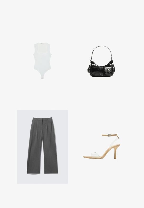 White bodysuit with a square neckline, sleeveless design, smooth texture, and snap closure at the bottom. Simple and minimalist style.; Gray pinstriped wide-leg trousers with front pleats and belt loops, laid flat on a white background.; Clear heeled sandal with a transparent upper, beige footbed, and a slender ankle strap. Features a pointed toe and a thin high heel.; Black patent leather handbag with a curved shape, one shoulder strap, front pockets, and silver-tone hardware accents.