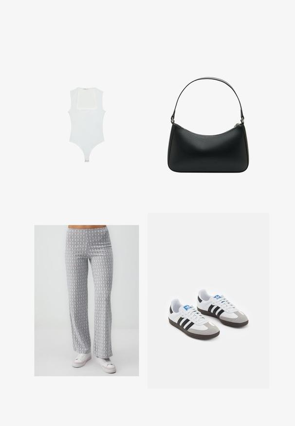 White bodysuit with a square neckline, sleeveless design, smooth texture, and snap closure at the bottom. Simple and minimalist style.; Gray patterned wide-leg pants with a soft texture, featuring a repetitive light blue and brown design. Paired with white sneakers.; Sport shoes with a white leather upper, gray suede toe, and three black stripes. Features a blue logo on the tongue and a textured rubber sole.; Black leather shoulder bag with a curved shape, single flat strap, and a top zipper closure. Smooth texture with minimal hardware details.
