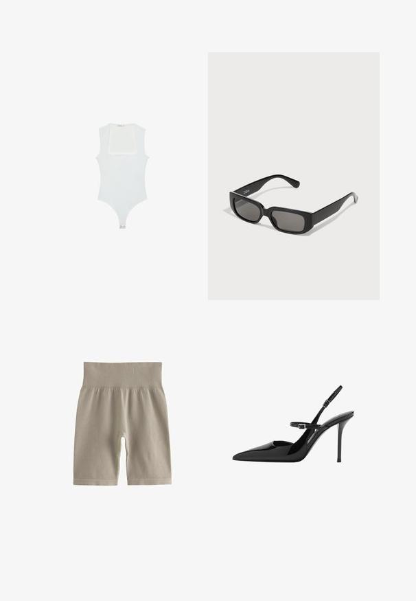 Body bianco con scollatura quadrata, design senza maniche, texture liscia e chiusura a pressione sul fondo. Stile semplice e minimalista.; Shorts da biker a coste in beige chiaro con un alto punto vita e una texture morbida, caratterizzati da un fit aderente e un design che arriva fino al ginocchio.; Slingback in vernice nera con tacco a stiletto, punta affusolata e cinturino regolabile. Superficie liscia con finitura lucida.; Occhiali da sole rettangolari neri con lenti grigie, realizzati in plastica liscia. Presentano un design minimalista con steli dritti e un branding discreto.; Borsa a spalla in pelle nera con una texture liscia, forma curva e manico regolabile. Presenta una cucitura minimale e un design semplice.