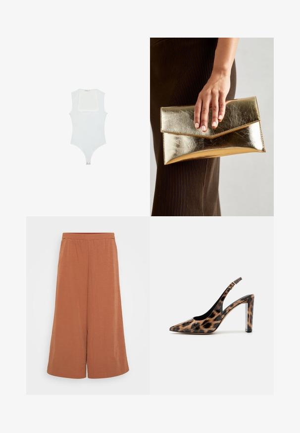 Weißer Body mit quadratischem Ausschnitt, ärmellosem Design, glatter Textur und Druckknopfverschluss am Boden. Schlichter und minimalistischer Stil.; Rostfarbene Culottes aus leichtem, zerknittertem Stoff. Mit elastischem Bund und weiten, fließenden Beinen. Glatte Textur über das gesamte Material.; Pumps mit Leopardenmuster im Slingback-Stil, spitz zulaufend und mit transparentem Blockabsatz. Hergestellt aus glänzendem Material mit glatter Oberfläche.; Goldfarbene metallische Clutch mit einer glatten Textur und einem dreieckigen Klappenverschluss. Die Hand, die sie hält, hat ordentlich manikürte Nägel.; Silberne Creolen mit polierter Oberfläche, die kleine goldene Akzentdetails und eine runde Form aufweisen, am Ohrläppchen getragen.