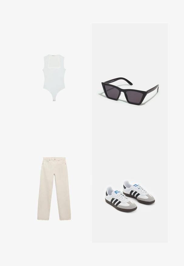 Bílý body s čtvercovým výstřihem, bez rukávů, hladkým povrchem a patentkami na dně. Jednoduchý a minimalistický styl.; Béžové široké džíny z bavlny. Obsahují klasický pětipocket design s předním knoflíkem a zipovým zapínáním. Hladká textura, bez vzorů.; Sportovní boty s bílým koženým svrškem, šedou semišovou špičkou a třemi černými pruhy. Obsahují modré logo na jazyku a texturovanou gumovou podrážku.; Černé, ostré sluneční brýle s šedými skly; vyrobené z plastu, s mohutnými rameny a hladkým povrchem bez viditelného hardwaru.
