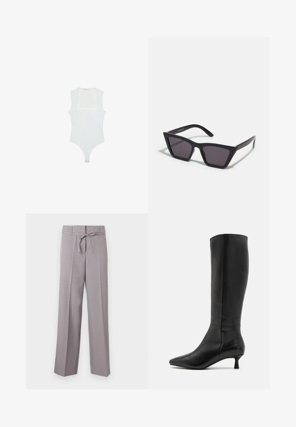 Bílý body s čtvercovým výstřihem, bez rukávů, hladkým povrchem a patentkami na dně. Jednoduchý a minimalistický styl.; Světlé šedé široké kalhoty s jemnouTexturou, s elastickým pasem na šňůrku a zažehlenými záhyby pro strukturovaný fit.; Zign Vysoká obuv - black; Černé, ostré sluneční brýle s šedými skly; vyrobené z plastu, s mohutnými rameny a hladkým povrchem bez viditelného hardwaru.; Černá kožená kabelka přes rameno s zakřiveným tvarem, jedním plochým popruhem a svrchním zipovým uzávěrem. Hladká textura s minimem kovových detailů.