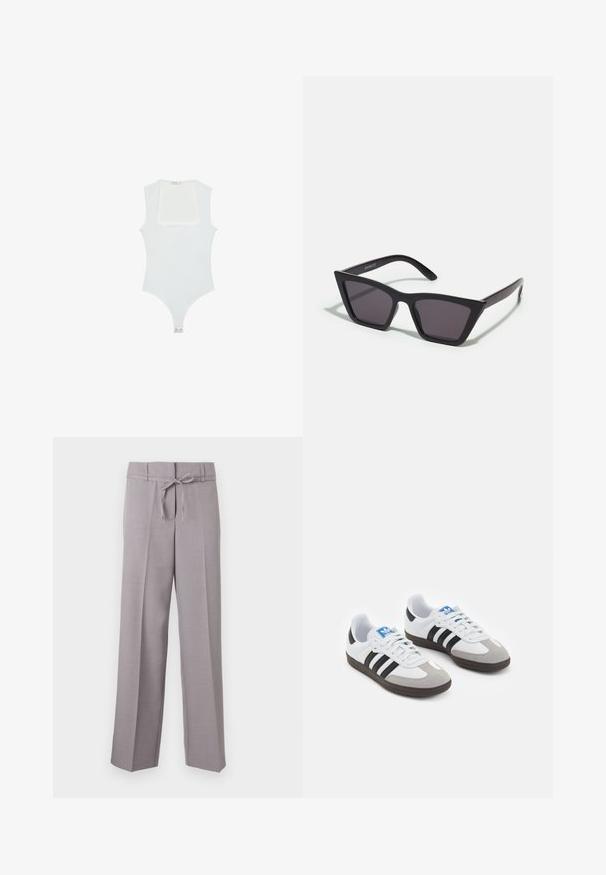 Vitt bodysuit med fyrkantig halsringning, ärmlös design, slät textur och tryckknappsstängning i botten. Enkel och minimalistisk stil.; Ljust grå, vida byxor med en mjuk struktur, utrustade med en dragsko i midjan och pressade veck för en strukturerad passform.; Sportskor med överdel i vit läder, grå mocka på tårna och tre svarta ränder. Har en blå logotyp på tungan och en texturerad gummisula.; Svarta, vinklade solglasögon med grå linser; tillverkade av plast, med tjocka skalmar med en slät yta och utan synlig hårdvara.; Svart läderaxelväska med en böjd form, enkel platt rem och dragkedja upptill. Slät yta med minimala detaljer i metall.