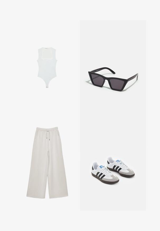 Biały body z kwadratowym dekoltem, bez rękawów, gładką fakturą i zapięciem na napy na dole. Prosty i minimalistyczny styl.; Jasnoszare spodnie typu wide-leg wykonane z miękkiego materiału, z elastycznym paskiem w talii, regulowanym sznurkiem i bocznymi kieszeniami. Gładka tekstura na całej powierzchni.; Buty sportowe z białą skórzaną cholewką, szarym zamszowym noskiem i trzema czarnymi paskami. Posiadają niebieskie logo na języku oraz teksturowaną gumową podeszwę.; Czarne, kanciaste okulary przeciwsłoneczne z szarymi soczewkami; wykonane z plastiku, z grubymi zausznikami o gładkiej powierzchni i bez widocznych elementów metalowych.; Czarna skórzana torba na ramię o zakrzywionym kształcie, z pojedynczym płaskim paskiem i zamknięciem na zamek błyskawiczny u góry. Gładka tekstura z minimalnymi detalami metalowymi.