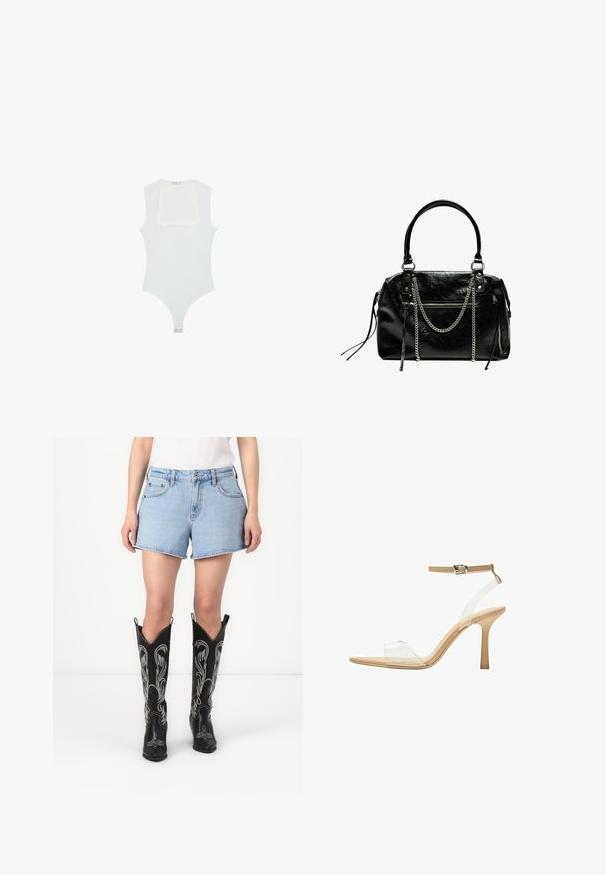 Biely body s hranatým výstrihom, bez rukávov, hladkou textúrou a patentom na dne. Jednoduchý a minimalistický štýl.; Modré denimové šortky klasického strihu, skombinované s čiernymi koženými kovbojkami s bielymi vyšívanými vzormi a špicatými špičkami.; Priehľadné sandále na vysokom podpätku s transparentným zvrškom, béžovou stielkou a štíhlym remienkom na členku. Majú špicatú špičku a tenký vysoký podpätok.; Bershka WITH CHAIN - Kabelka - black