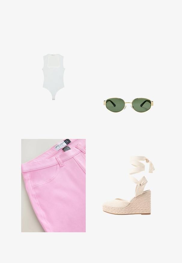 Vitt bodysuit med fyrkantig halsringning, ärmlös design, slät textur och tryckknappsstängning i botten. Enkel och minimalistisk stil.; Avklippta rosa jersey leggings med en mjuk textur, standard midja och sidofickor. Etikett anger storlek och märke.; Kilklackad sandal med vävt beige överdel, tygankelband och flätad juteklack. Har en slutet häl och öppen tå-design.; Guldmetallramade solglasögon med gröna tonade linser, oval form, svarta skalmar och klara näsaskar. Rent, minimalistiskt design.; Beige läderhandväska med en halvmåneform, med avtagbar axelrem, guldfärgad hårdvara och präglad "Valentino"-logotyp.