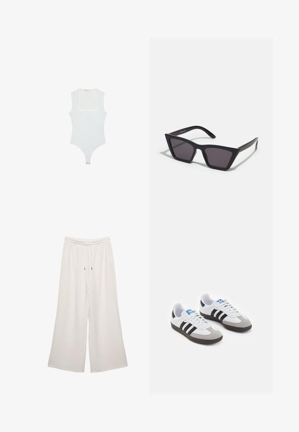 Bílý body s čtvercovým výstřihem, bez rukávů, hladkým povrchem a patentkami na dně. Jednoduchý a minimalistický styl.; Krémové široké kalhoty vyrobené z měkké tkaniny, s elasticým pasem, šňůrkou na stažení a bočními kapsami. Hladká textura.; Sportovní boty s bílým koženým svrškem, šedou semišovou špičkou a třemi černými pruhy. Obsahují modré logo na jazyku a texturovanou gumovou podrážku.; Černé, ostré sluneční brýle s šedými skly; vyrobené z plastu, s mohutnými rameny a hladkým povrchem bez viditelného hardwaru.; Černá kožená kabelka přes rameno s zakřiveným tvarem, jedním plochým popruhem a svrchním zipovým uzávěrem. Hladká textura s minimem kovových detailů.