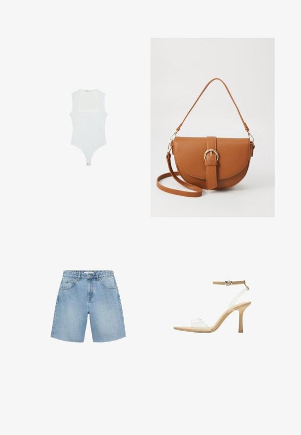 Bílý body s čtvercovým výstřihem, bez rukávů, hladkým povrchem a patentkami na dně. Jednoduchý a minimalistický styl.; Světle modré džíny s vysokým pasem, dvěma předními kapsami a roztrhaným lemem. Disponují klasickým designem s minimem kovových detailů.; Průhledná sandálová obuv s průhledným svrškem, béžovou stélkou a štíhlým páskem kolem kotníku. Má špičatou špičku a tenký vysoký podpatek.; Hnědá kožená křížová taška s zakřiveným tvarem, zlatými detaily a akcentem s přezkou. Obsahuje odnímatelný popruh na rameno.