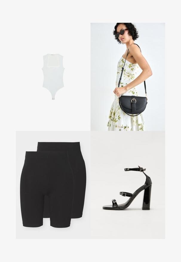 Body bianco con scollatura quadrata, design senza maniche, texture liscia e chiusura a pressione sul fondo. Stile semplice e minimalista.; Pantaloni corti neri elastici con un design semplice, caratterizzati da un cinturino a vita media e una superficie liscia e morbida. Disponibili in confezione da due.; Sandali con tacco in vernice nera, con punta squadrata, cinturini alla caviglia e fibbie in argento. Presentano un tacco a blocco spesso per maggiore stabilità.; Borsa a tracolla nera in pelle con una forma curva, manico rimovibile e accessori dorati. La borsa presenta una patta con un dettaglio a fibbia.