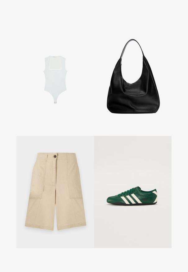Bijela bodi s kvadratnim izrezom, bez rukava, glatke teksture i kopčanjem na dnu. Jednostavan i minimalistički stil.; Bež platnene kratke hlače s dva bočna džepa, prednjim zatvaranjem na dugme, ravnog kroja i glatke teksture. Čist dizajn bez uzoraka.; Zeleni kožni tenisice s bijelim prugama, zaobljenim prstima, dizajnom s čipkom, crnim potplatom i "adidas TOKYO" logotipom sa strane.; Crna kožna hobo torba sa opuštenim dizajnom, širokim naramenicama i glatkom teksturom. Ima jedan zatvarač s jedne strane.