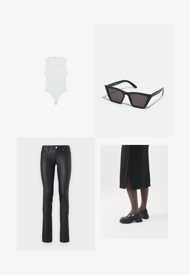 Bela bodisu s kvadratnim izrezom, brezrokavni dizajn, gladka tekstura in zapiranje na dnu s pritisnim gumbom. Preprost in minimalističen slog.; Črne usnjene skinny hlače z umetnega usnja, ki se ponašajo z gladko teksturo, srednjim pasom, zasnovo s petimi žepi in srebrnimi okrasnimi elementi.; Črne usnjene čevlje s zaobljenim prstom, debelim blokastim petama in elastičnimi stranskimi detajli, v kombinaciji s temno nogavicami in črno krilo z razporkom.; Črne, angularne sončne očala z sivimi lečami; izdelana iz plastike, imajo debele ročke z gladko površino in brez vidne opreme.