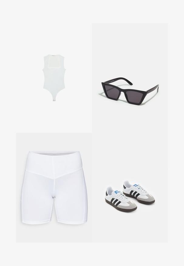 Bijela bodi s kvadratnim izrezom, bez rukava, glatke teksture i kopčanjem na dnu. Jednostavan i minimalistički stil.; Bijele sportske kratke hlače napravljene od rastezljivog materijala, s visokim pojasom i ravnim šavovima. Glatka tekstura bez vidljivih džepova ili uzoraka.; Sportske cipele s gornjištem od bijele kože, sivi suedinasti nos i tri crne pruge. Imaju plavi logo na jeziku i teksturiranu gumenu podlogu.; Crne, uglaste sunčane naočale sa sivoj lećama; izrađene od plastike, imaju debele nogice s glatkom površinom i bez vidljivih metalnih dijelova.