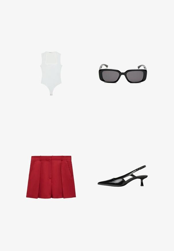 Bijela bodi s kvadratnim izrezom, bez rukava, glatke teksture i kopčanjem na dnu. Jednostavan i minimalistički stil.; Crvene krojene kratke hlače napravljene od lagane tkanine, s ravnim prednjim dijelom, dva bočna džepa i oštrim završetkom s nabranim detaljima.; Crne lakirane natikače na remenčić sa špicastim nosom, dizajnom sa izrezima sa strane i malim kvadratnim potplatom. Glatka tekstura s minimalnim akcentima.; Crne pravokutne sunčane naočale s tamnim lećama, glatkim plastičnim okvirom i zakrivljenim državama. Dizajn je masivan s minimalističkom estetikom.