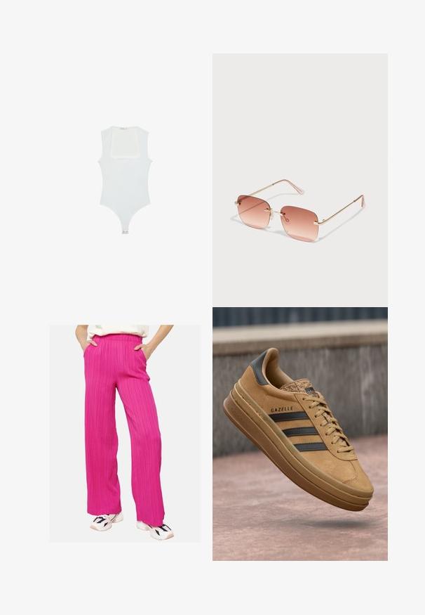 Weißer Body mit quadratischem Ausschnitt, ärmellosem Design, glatter Textur und Druckknopfverschluss am Boden. Schlichter und minimalistischer Stil.; Rosa, weit geschnittene Hose aus strukturiertem Stoff mit elastischem Bund und Seitentaschen, kombiniert mit weißen Sneakers mit schwarzen Akzenten.; Beige Wildledersneaker mit glatter Oberfläche, drei dunklen Streifen, abgerundetem Zehenbereich und einer dickeren Sohle mit strukturiertem Rand.; Rechteckige Sonnenbrille mit einem Verlauf in Rosé, goldenem Metallrahmen und pinken Bügeln. Verfügt über kleine Nasenpads und dezente Gelenkdetaillierung.