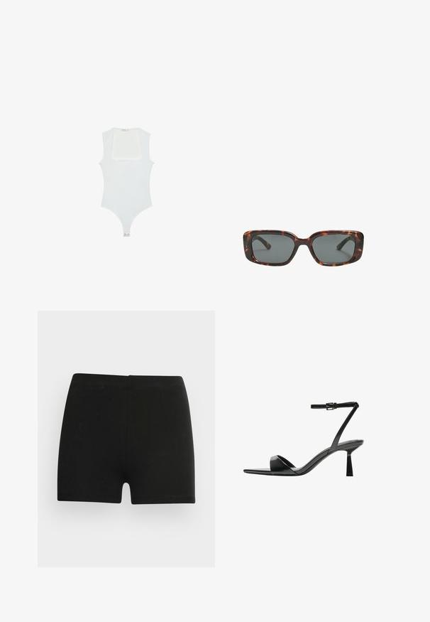 Hvid bodysuit med firkantet udskæring, uden ærmer, glat tekstur og trykknaplukning forneden. Enkel og minimalistisk stil.; Sorte bomulds shorts med et tætsiddende design og elastisk talje. Glat tekstur, længde til midt på låret, og uden synlige mønstre eller accenter.; Bershka Højhælede sandaletter / Højhælede sandaler - black; Skildpaddedesolbriller med rektangulære linser, tykke stel og mørkt tonede linser. Glat tekstur og minimalistisk design.