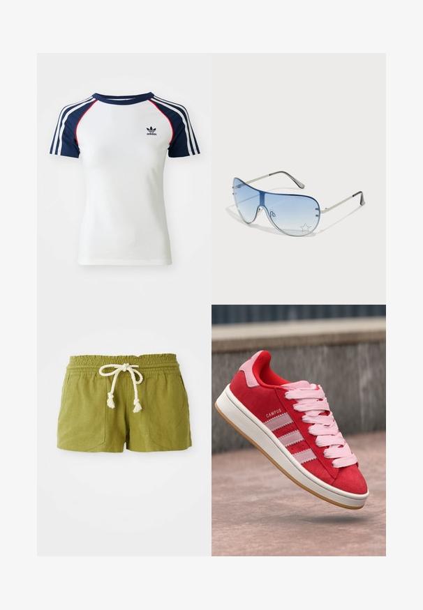 White cotton t-shirt with navy blue raglan sleeves, featuring three white stripes and a small black Adidas logo on the chest. Red accents.; Green linen blend shorts with an elastic waistband, a drawstring tie, and two front pockets. Short, casual fit with textured fabric.; Red suede sneaker with pink accents, featuring three white stripes and light pink laces. White midsole and gum rubber outsole.; Aviator sunglasses featuring a gradient blue lens, silver metal frame, and decorative star accents on the lens. Smooth and sleek design.