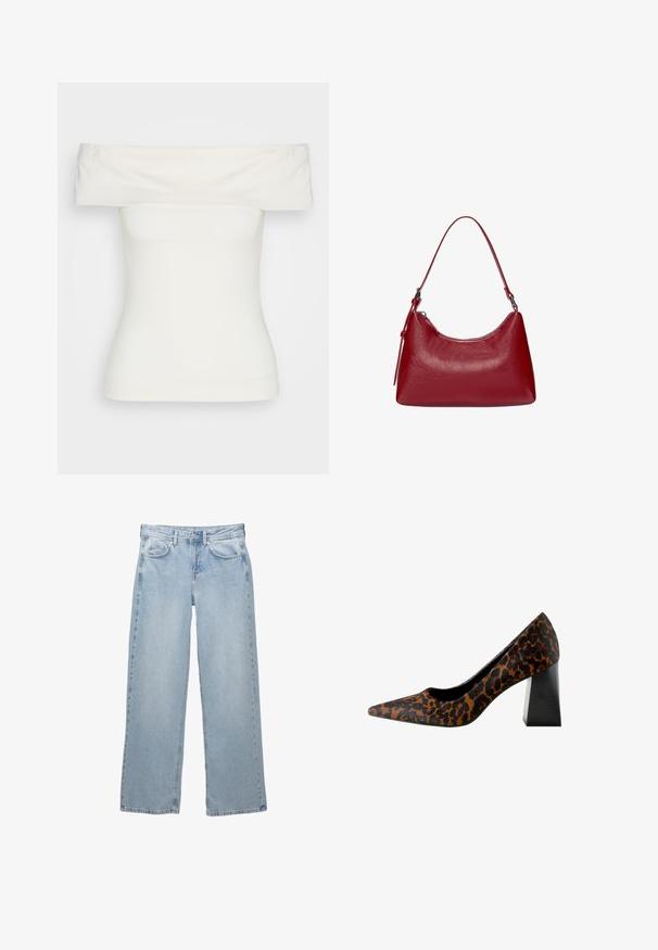 Top bianco scollato sulle spalle realizzato in tessuto elasticizzato, design aderente, texture liscia con scollatura ampia e maniche corte. Senza motivi o accenti.; Jeans in denim blu chiaro con design a gamba larga, dotati di chiusura a bottoni e zip, cinque tasche e dettagli di cucitura minimi.; Decolletè da donna con punta affusolata, rivestita in stampa leopardata marrone e nera, con tacco spesso e quadrato nero, su sfondo bianco.; Borsa a spalla in pelle rossa con un design curvo, texture liscia e chiusura con zip. Presenta un manico sottile per il trasporto.