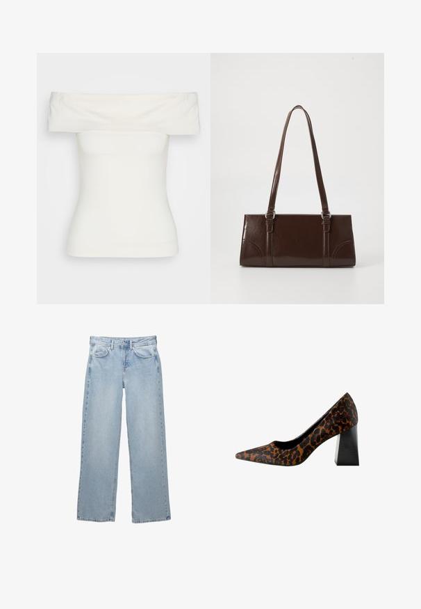 Haut blanc décolleté en tissu extensible, design ajusté, texture lisse avec un col large et des manches courtes. Sans motifs ni accents.; Jean en denim bleu clair avec une coupe large, présentant une fermeture à bouton et à glissière, cinq poches et des détails de couture minimalistes.; Escarpin à bout pointu pour femmes avec un dessus en imprimé léopard brun et noir et un large talon noir épais sur fond blanc.; Sac à main en cuir verni marron de forme rectangulaire, avec deux longues poignées et des accents courbés subtils à l'avant.