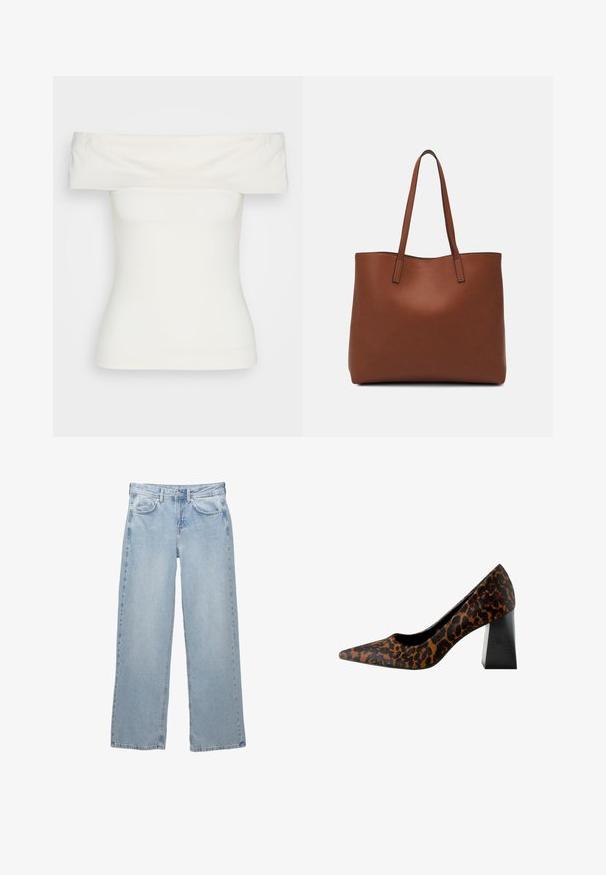 Bela bluza brez naramnic, izdelana iz raztegljive tkanine, prilega se telesu, ima gladko teksturo širokega izreza in kratke rokave. Brez vzorcev ali okraskov.; Svijetloplave traperice širokog kroja, s kopčanjem na dugme i patentni zatvarač, pet džepova i minimalnim šavovima.; Ženski odlični čevlji z ozko točko, z zgornjim delom v rjavem in črnem leopardjem vzorcu ter debelim črnim blokastim peto, na belem ozadju.; Rjava usnjena torba z gladko teksturo, odprto zasnovo zgoraj in dvema naramnima trakovoma. Opremljena je z minimalnim šivanjem in brez vidnih kovinskih delov.