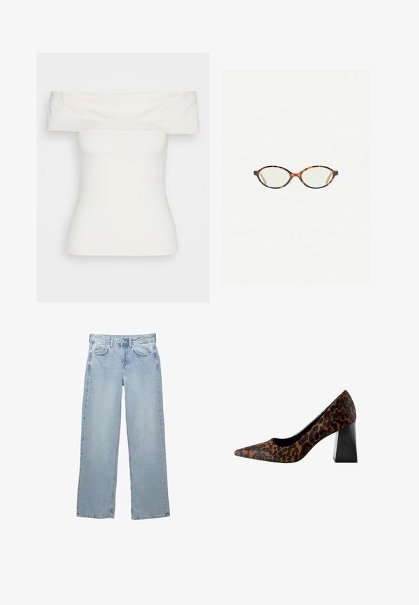 Valkoinen olkaimeton toppi, joka on valmistettu venyvästä kankaasta, vartaloa myötäilevä muotoilu, sileä pinta, leveä pääntie ja lyhyet hihat. Ei kuviota tai asusteita.; Vaaleansiniset farkut, joissa on leveä lahjemuotoilu, nappi- ja vetoketjusuljenta, viisi taskua sekä vähäiset ompeluyksityiskohdat.; Naisten teräväkärkinen korkokenkä, jossa ruskea ja musta leopardi-kuosi päällä ja paksu musta korokepohja valkoista taustaa vasten.; Kilpikonnakuosiset silmälasit, joissa on soikeat linssit ja tyylikäs, sileä pinta. Ominaisuudet: ohuet sivut, joissa on hienovarainen kaari temppeleissä. Kirkkaat linssit.