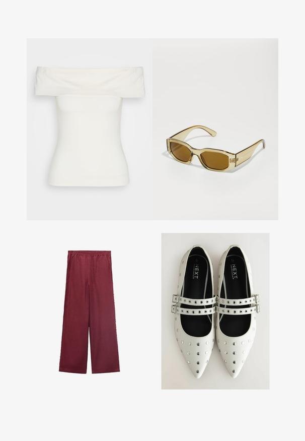 Biela off-shoulder blúzka vyrobená z elastického materiálu, priliehajúci strih, hladká textúra s širokým výstrihom a krátkymi rukávmi. Bez vzorov alebo dekorácií.; Burgundské široké nohavice vyrobené z jemnej tkaniny, s elastickým pásom, dvoma bočnými vreckami a voľným strihom.; Biele kožené ploché topánky s špicatými prstami, s striebornými hrotmi a dvoma prackami cez nárt. Čierna vnútorná podšívka.; Priehľadné jantárové slnečné okuliare s obdĺžnikovými šošovkami, hrubými ramenami a lesklým povrchom, s decentným logom na boku.
