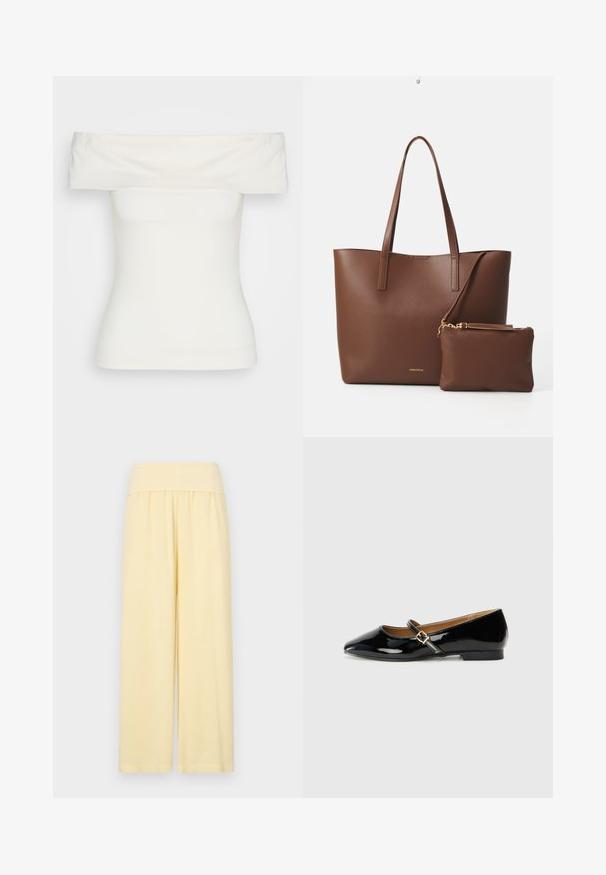 Fehér, váll nélkül viselhető felső, rugalmas anyagból készült, testhezálló kialakítással, sima felülettel, széles nyakkivágással és rövid ujjakkal. Nincsenek minták vagy díszítések.; Világossárga, bő szárú nadrág magas, rugalmas derékkal és sima textúrával. Padlószélességű szabás jellemzi, látható minták vagy díszítések nélkül.; Fekete lakkbőr lapos cipő hegyes orral, bokapánttal, aranyszínű csattal és alacsony blokk-akkal. Simább, fényes felület.; Barna műbőr válltáska két hosszú fogantyúval és egy matching kis tárolóval. A felülete textúrás mintázatú, arany színű fém díszítésekkel.
