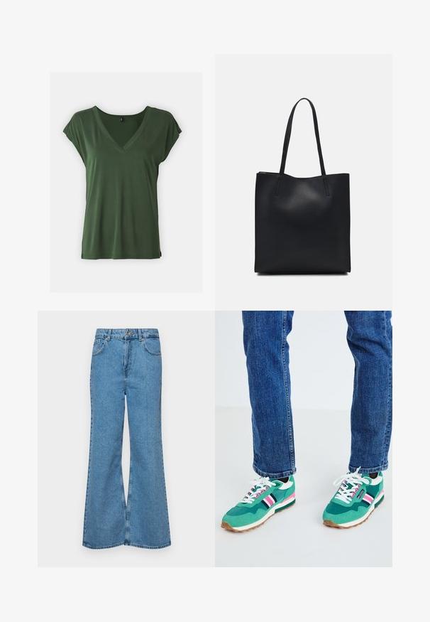 Krautuve ar īsām piedurknēm, tumši zaļa t-krekls ar V-veida kakla izgriezumu un mīkstu tekstūru. Vienkāršs dizains, kuram ir sarullētas piedurknes un brīva piegriezuma forma.; Gaiši zili, platā piegriezuma džinsi, kas izgatavoti no denima, ar augstu jostasvietu, piecām kabatām un vienu pogu. Mīksta tekstūra ar nolietotu apdari.; Zaļi sporta apavi ar baltām un ziliem akcentiem, rozā strīpas detaļām un tekstūrētu audumu. Sasieti ar baltām kurpēm, gumijas zole.; Melnas ādas somiņa ar gludu tekstūru, taisnstūra formu un divām garām rokturiem. Nav redzamu aparatūras vai rotājumu.