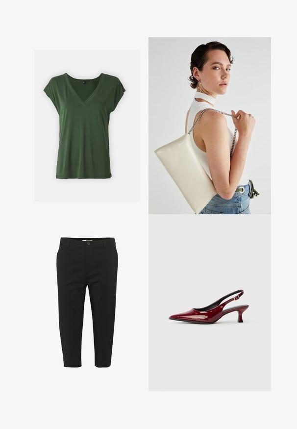 Krautuve ar īsām piedurknēm, tumši zaļa t-krekls ar V-veida kakla izgriezumu un mīkstu tekstūru. Vienkāršs dizains, kuram ir sarullētas piedurknes un brīva piegriezuma forma.; Melnas, īsas bikses, kas izgatavotas no gludas auduma, ar pogas aizdari, priekšējām kabatām un taisnu kāju dizainu.; Burgundijas lakota ādas sandales ar smailu pirkstu un elegantu stiletto papēdi. Atvērta papēža dizains ar regulējamu potītes siksniņu.; Balts taisnstūra clutch soma, izgatavota no spīdīga materiāla, ar sudraba ķēdes siksnu. Modelis pozē, demonstrējot somu uz vienkārša fona.