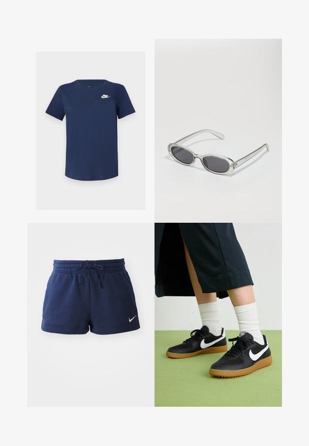 T-shirt de algodão azul-marinho com gola redonda, mangas curtas e um logo da Nike branco no lado esquerdo do peito. Textura suave, design simples.; Calções de algodão azul-marinho com cintura elástica, cordão ajustável e aberturas laterais. Apresenta um pequeno logótipo branco da Nike na bainha.; Sapatilhas pretas em couro e sintético com o logo da Nike em branco, sola de borracha tipo goma, bico redondo e atacadores pretos. Meias brancas com frunces visíveis.; Óculos de sol com formato oval, armação de plástico transparente, lentes cinza-escuro e hastes finas transparentes com detalhes do logótipo e um design minimalista.