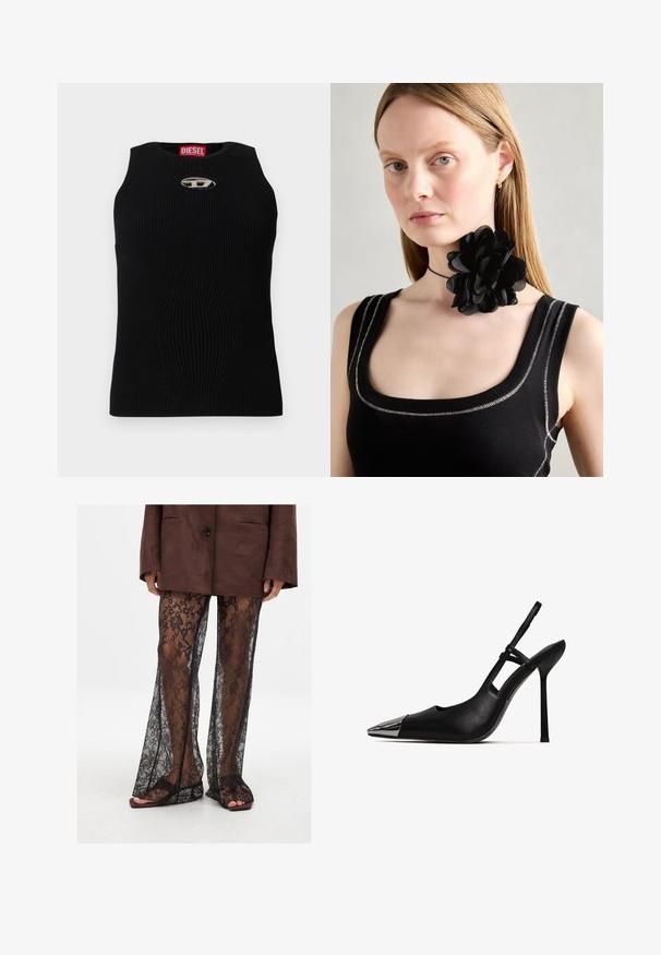 Czarna ribbed top z okrągłym dekoltem, z metalicznym logo Diesel na środku. Materiał jest teksturowany i dopasowany.; Czarne koronkowe spodnie z szerokimi nogawkami, posiadające kwiatowy wzór i przejrzystą fakturę, w zestawieniu z brązowymi klapkami.; Czarne szpilki slingback z szpiczastym noskiem i błyszczącą metaliczną czubkiem. Oferują wysoką szpilkę i smukły pasek w kostce. Gładka skórzana tekstura.; Czarny naszyjnik-choker z kwiatów, wykonany z warstwowych płatków, noszony z czarnym, prążkowanym topem na ramiączkach z srebrnymi akcentami przy dekolcie i ramionach.